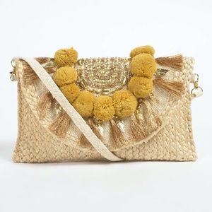 Boho Embellished braided jute sling bag with pom poms